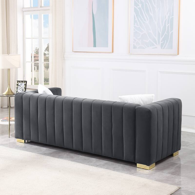 Velvet Channel Tufted 3-seater Sofa with Pillows