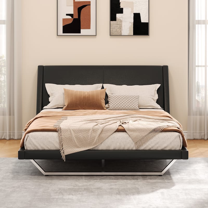 Christopher Knight Home - Persephone PU Leather Bed Frame with Wave-Like Curve Design and Trapezoidal-Shaped Leg