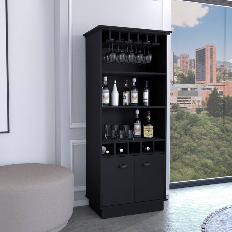 Dundee 70-Inch High 10-Glass Bar Cabinet with 5 Cubbies - Laminate - Black