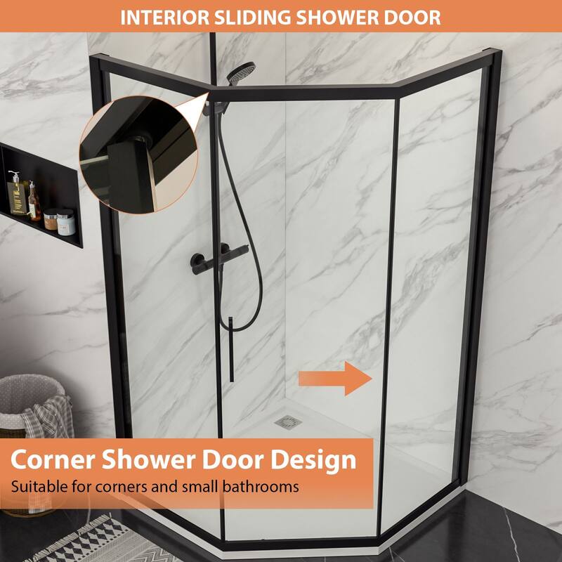 Lordear 42" x 76" Glass Shower Door Stainless Steel Frame Sliding Door Black Shower Enclosure - 41.9 in.W x 76 in H.