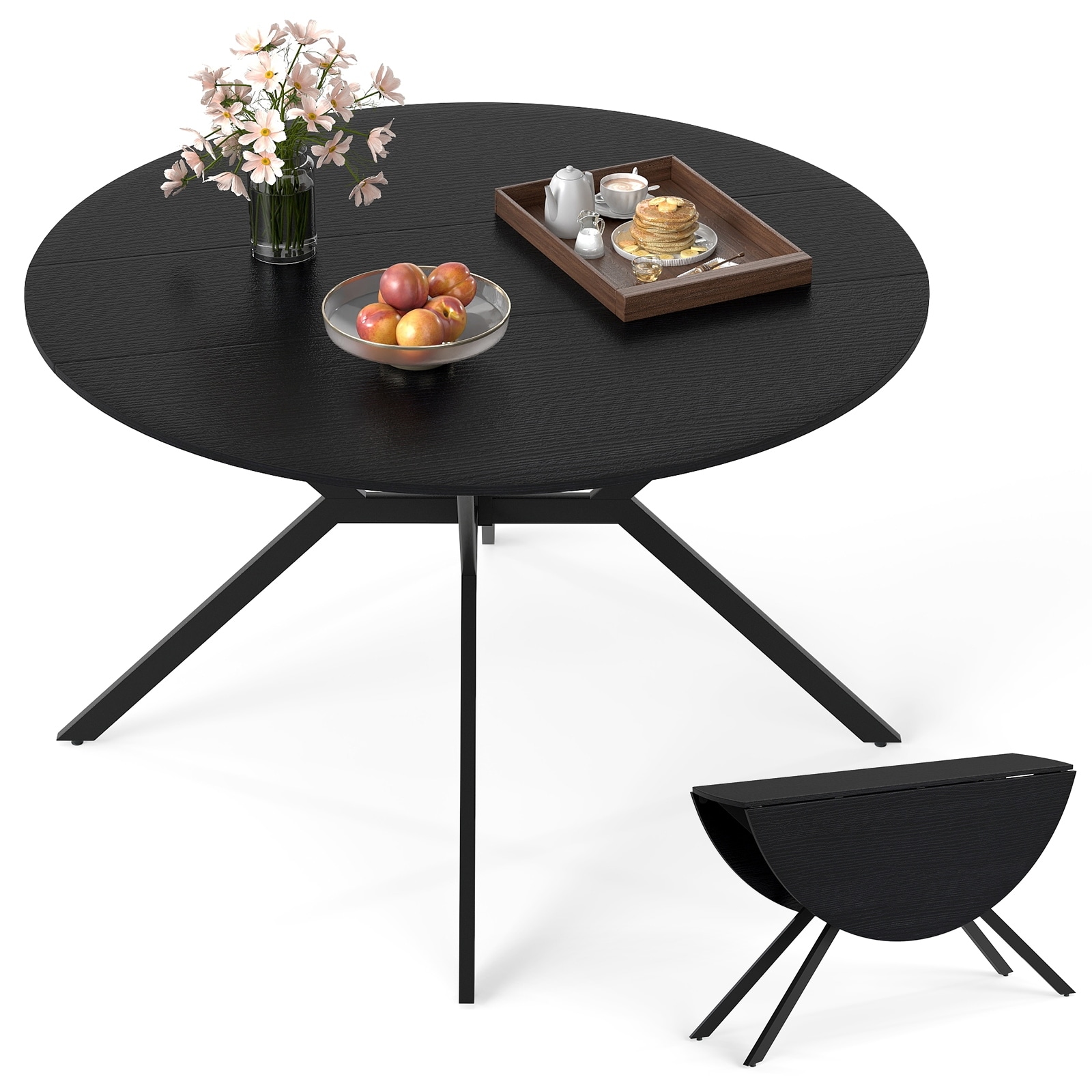 Gymax Folding Dining Table 47'' Extendable Round Kitchen Table w/Drop