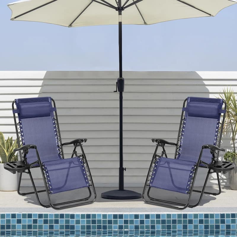 Set of 2 Folding Reclining Lounge Chair, Outdoor Zero Gravity Recliner W/Side Tray & Detachable Headrest Pillow - Blue