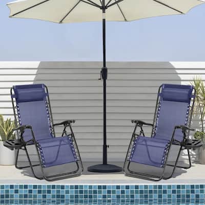 Set of 2 Folding Reclining Lounge Chair, Outdoor Zero Gravity Recliner W/Side Tray & Detachable Headrest Pillow