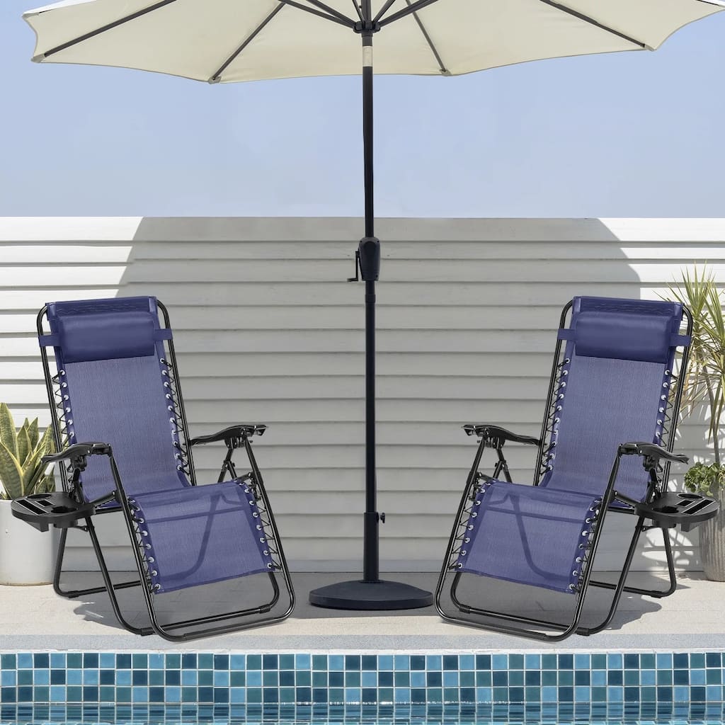 Set of 2 Folding Reclining Lounge Chair, Outdoor Zero Gravity Recliner W/Side Tray & Detachable Headrest Pillow