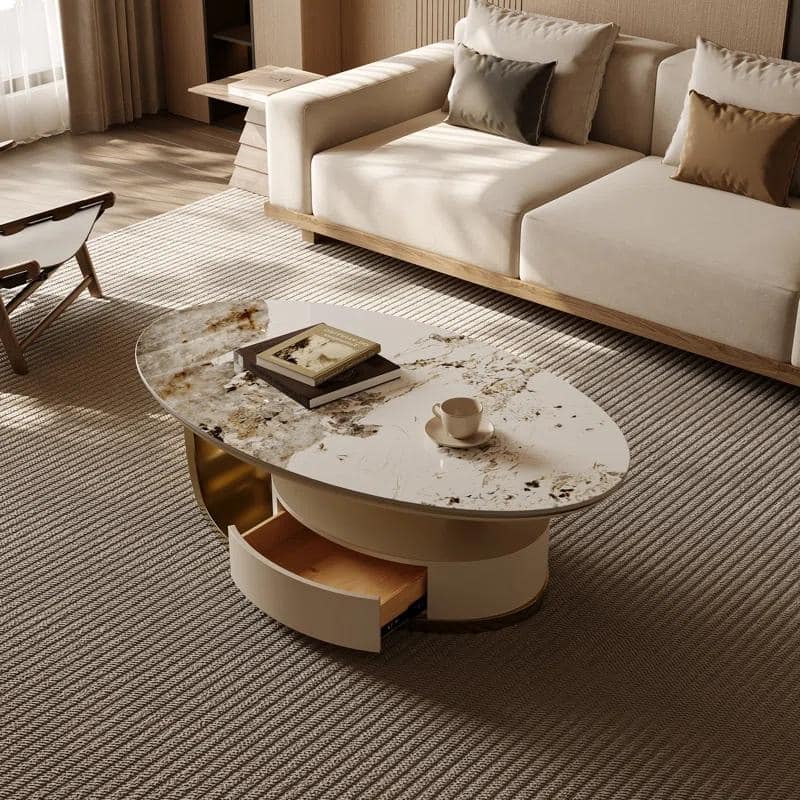 51.18” Thick Burnished Stone Coffee Table with Drawers and Gold Stainless Steel Base - 7'6" x 10'9"
