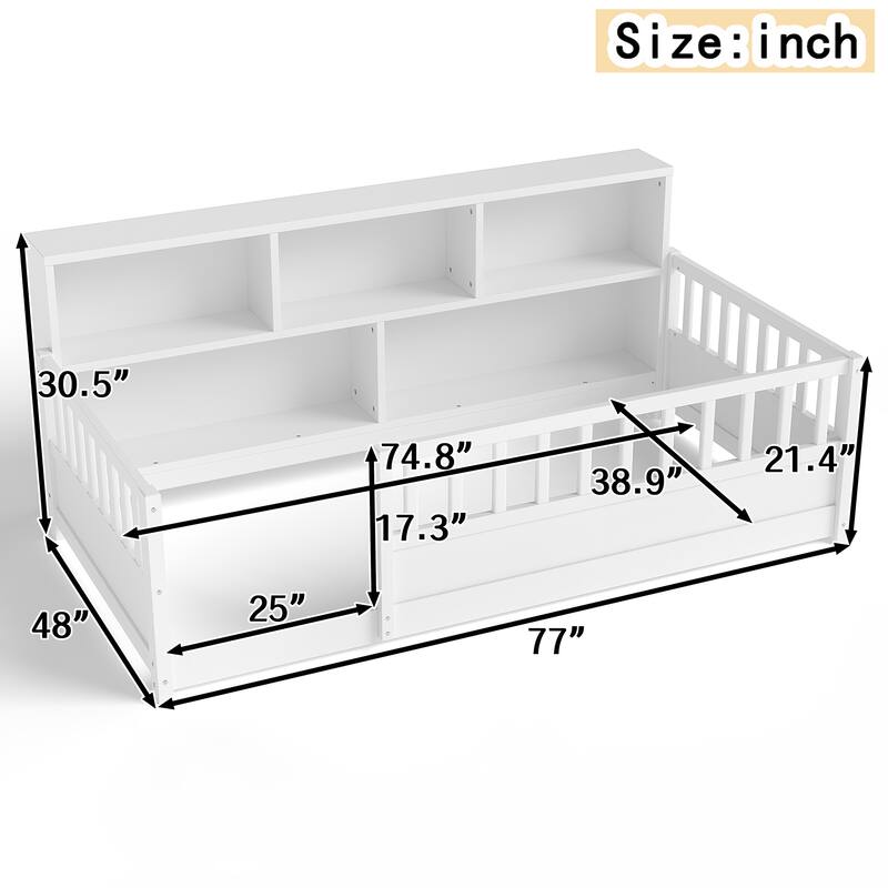 Wooden Floor Bed Frame with Fence Guardrail & Side Storage, Low Profile Kids Bed (Full/Twin)