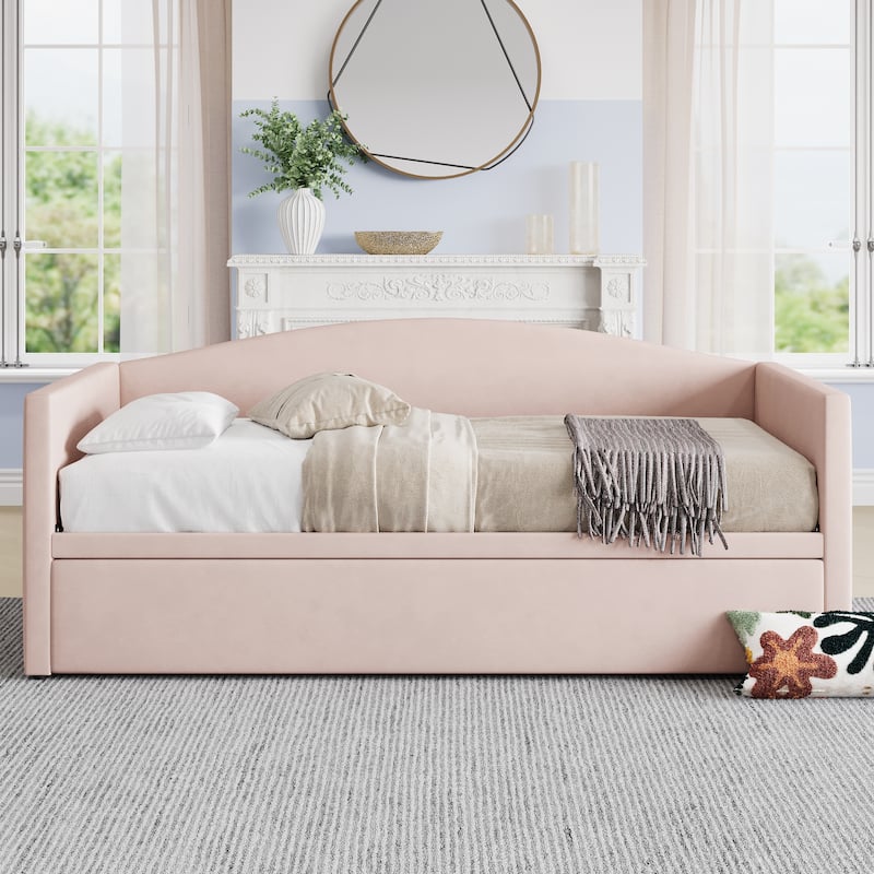Twin Size Velvet Upholstered Daybed with Extended Pop Up Trundle Bed Convertible King Sofa Bed Frame, Space-Saving Twin to King
