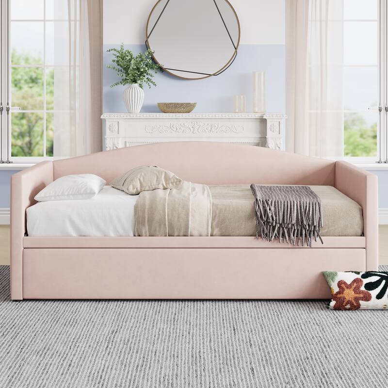 Velvet Upholstered Daybed Twin Size Sofa Bed with Extended Pop Up Trundle and Curved Backrest, Space-Saving Twin to King Design - Pink - Twin