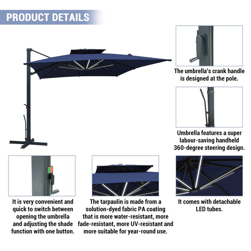 13ft Aluminum 2-Top Rectangular Cantilever Market Umbrella with LED Lights