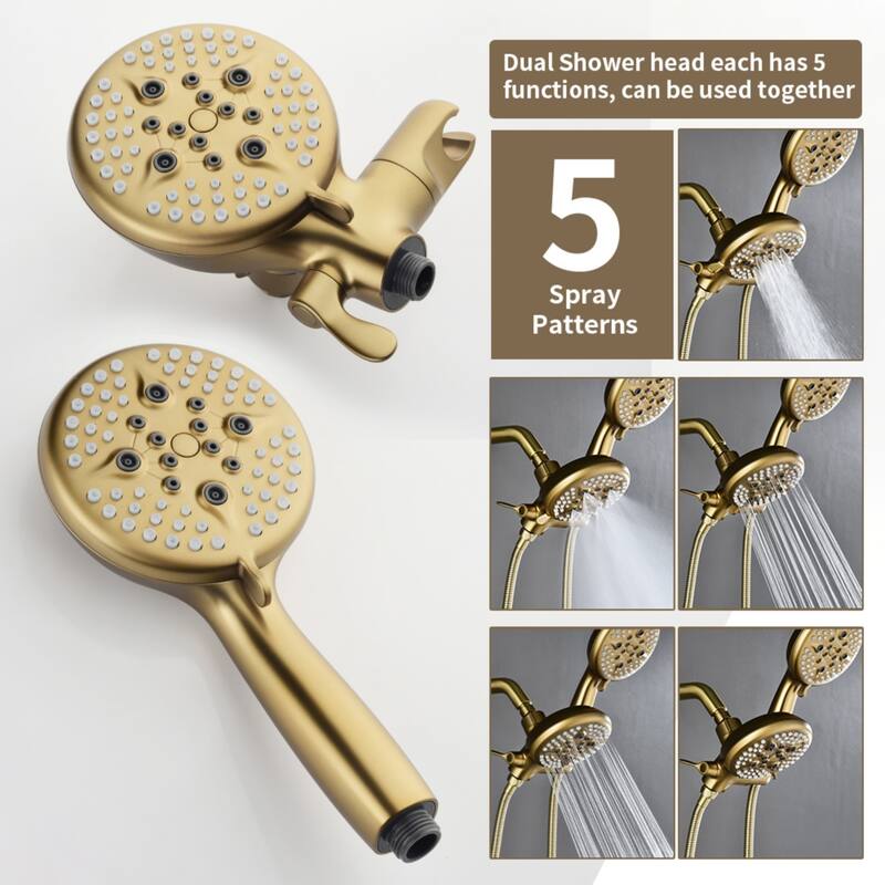 Modland 3-Handle Tub and Shower Faucet Set Dual Head 5-Setting Brass Valve with Alloy Spout