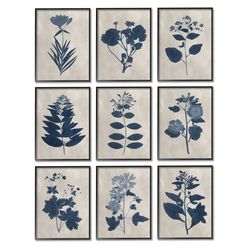 Stupell Beautiful Botanical Silhouette Floral Plants Design Framed 9 piece Wall Art - Blue