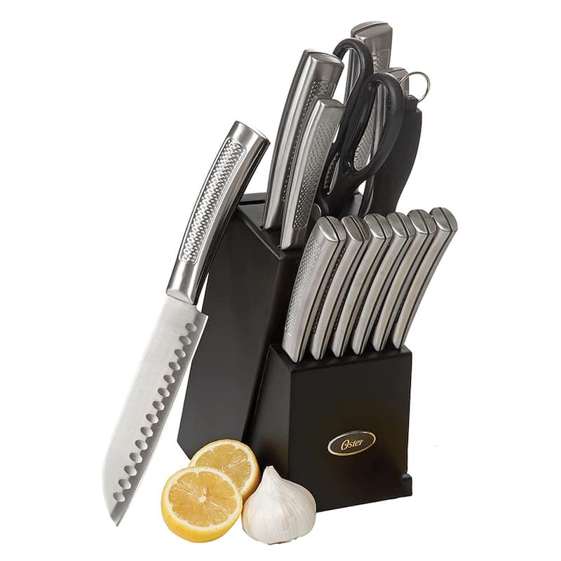 Oster Wellisford Stainless Steel Kitchen Knife Cutlery Set with Block, 14 Piece - 7.5