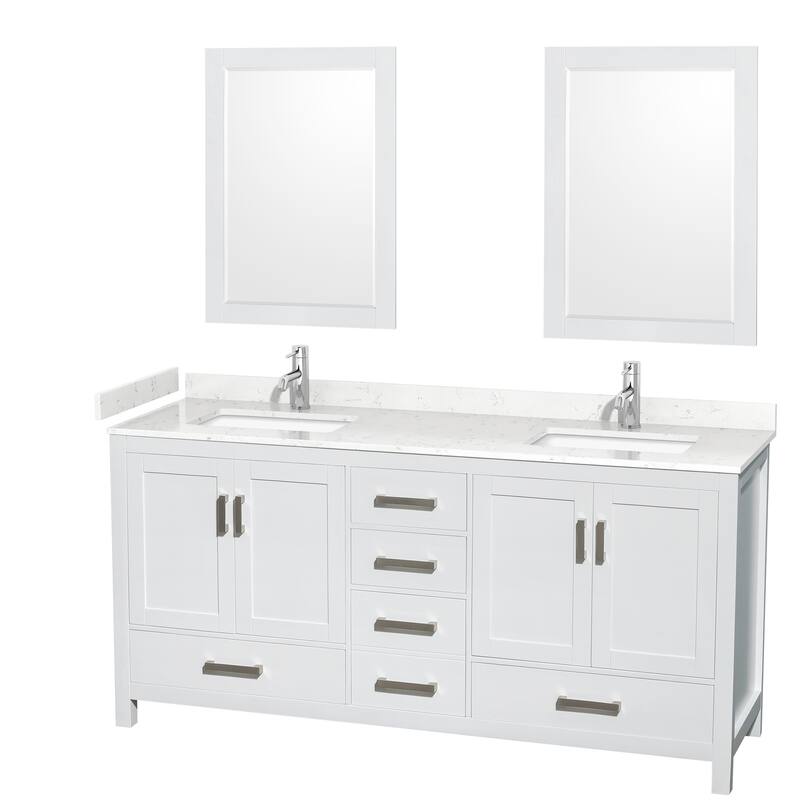 Sheffield Double Bathroom Vanity Set, Cultured Top, 24-Inch Mirrors - 72-Inch Double - White, Carrara Cultured Marble Counter