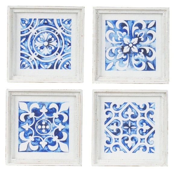 Set of 4 White and Indigo Casual Style Square Wall Decor 12.5" - N/A