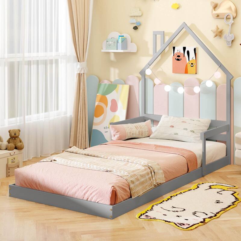 Costway Twin Size Floor Bed for Kids with Chimney Headboard & Handrail