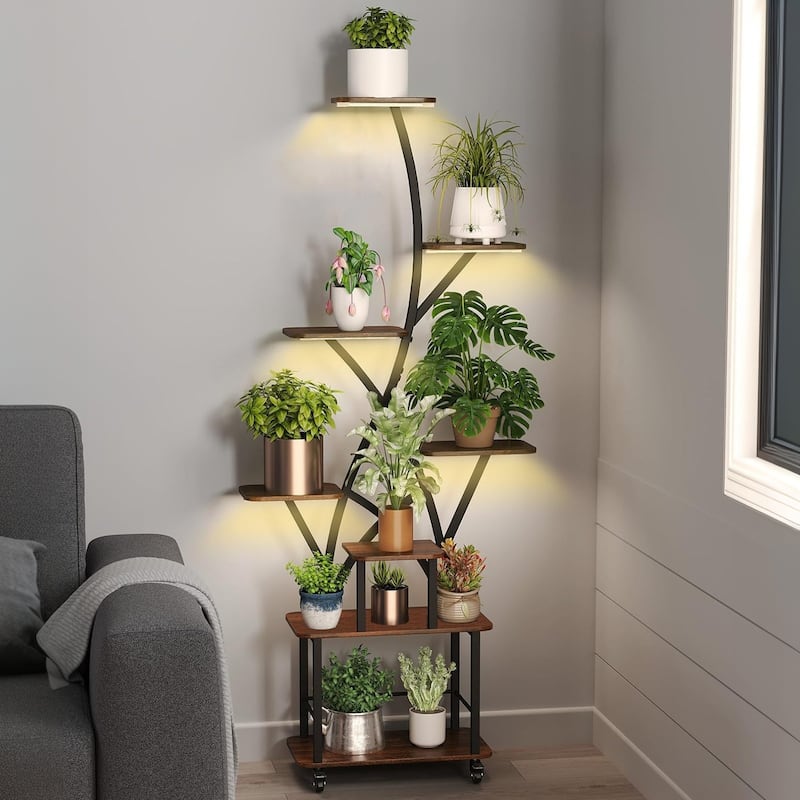 64" 8-Tier Metal Plant Stand with Integrated Grow Lights – Tall Indoor Gardening Shelf for Balcony/Living Room Display.