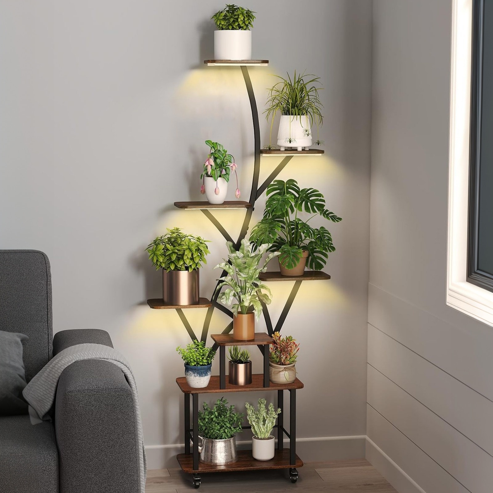 Plant Stand with Grow Light, 8 Tiered 64" Tall Plant Shelves for Multiple Plants, Large Metal Plant Shelf