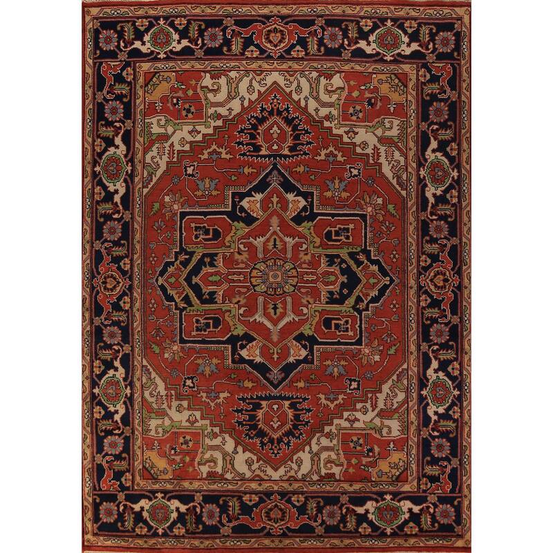 Orange Medallion Heriz Serapi Indian Area Rug Handmade Wool Carpet - 9'0"x 11'11"