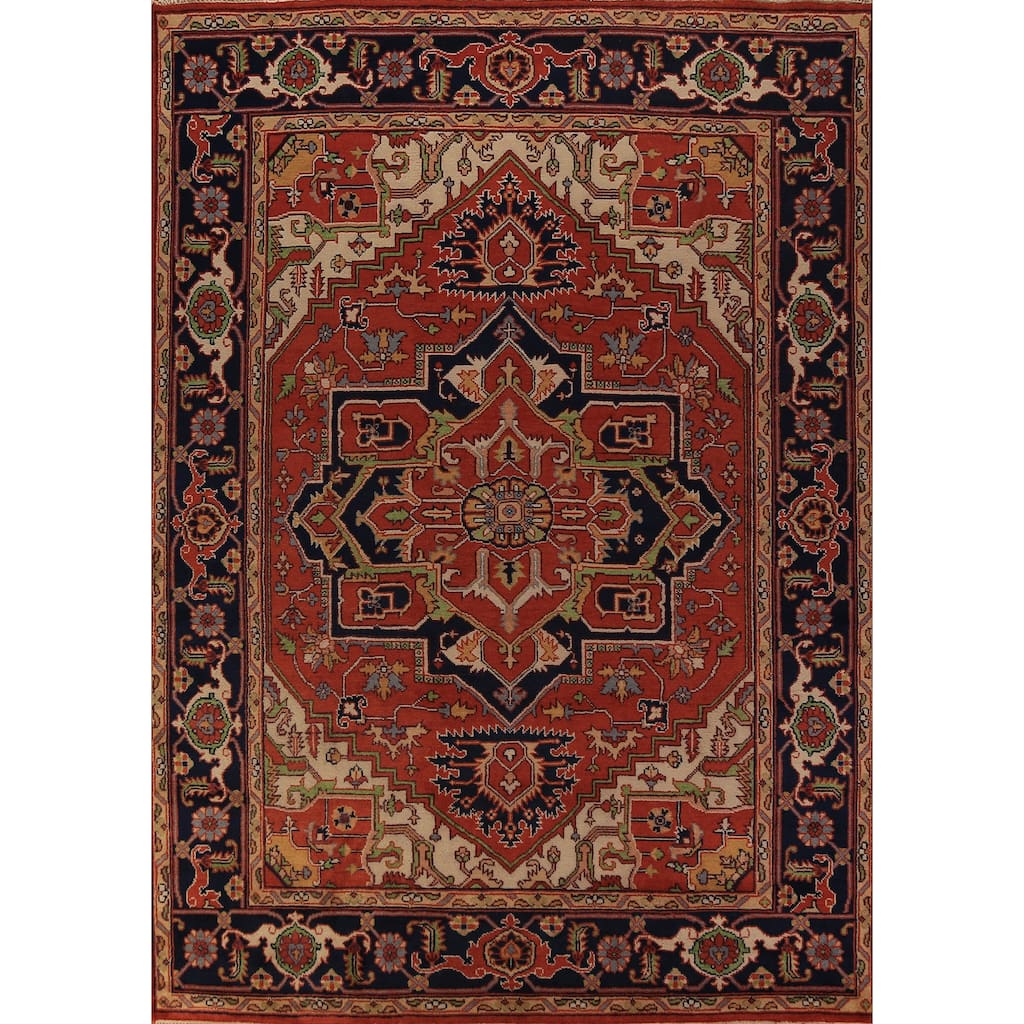 Orange Medallion Heriz Serapi Indian Area Rug Handmade Wool Carpet - 9'0"x 11'11"