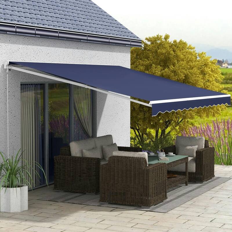 16'x10' Electric Awning, Retractable, Remote Controller, Manual Crank - Dark Blue