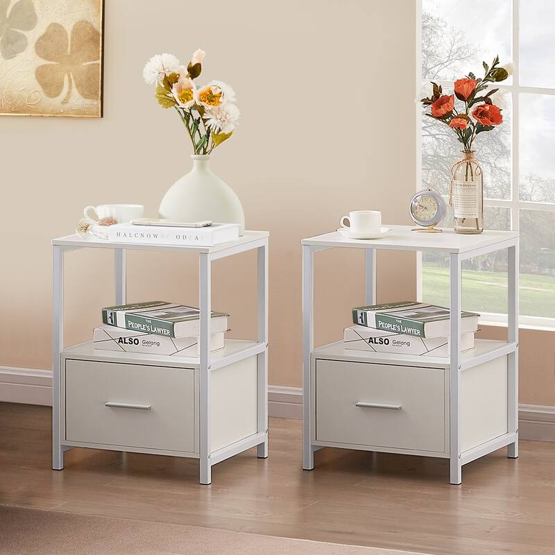 VECELO Nightstand Set of 1/2, Modern Square Side End Table, Living Room, Study Metal Frame - 2-pieces - White