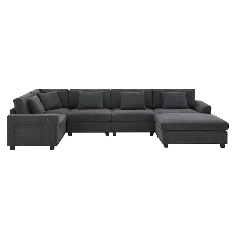 128" Chenille U-Shaped Sectional Sofa with Storage & USB