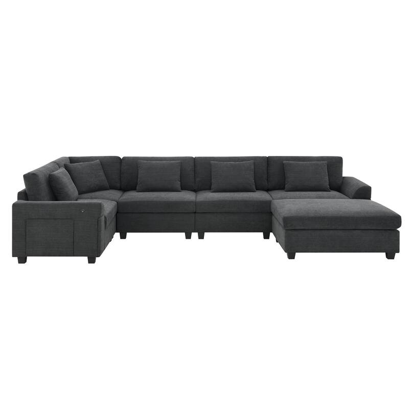 128x67x32 Inch U Shaped 6-Seat Chenille Sofa Set with Ottoman, Storage, Cup Holders & USB Ports