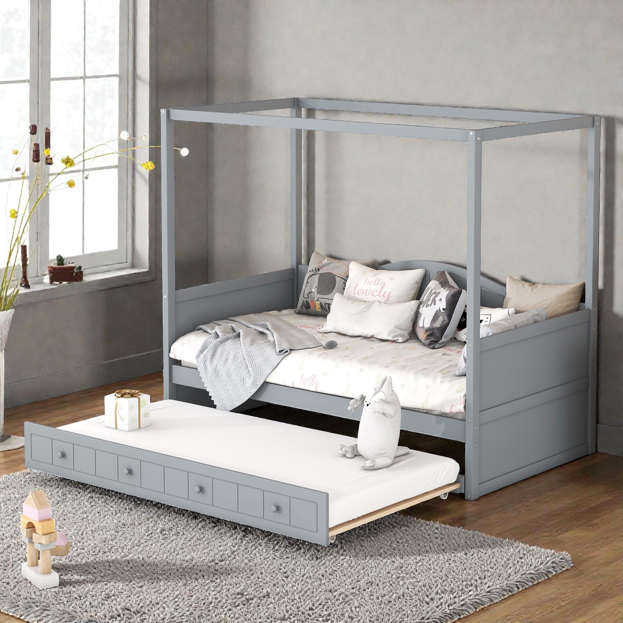 Twin Size Wooden Canopy Day Bed with Twin Trundle, Solid Pine Wood Frame with Backrest, Space Saving Design