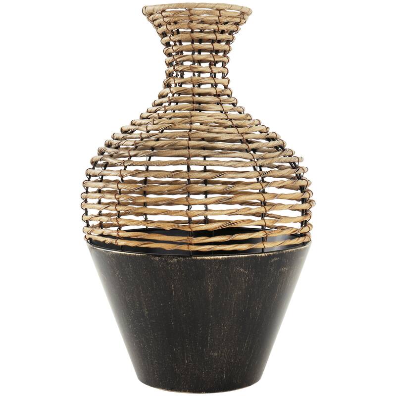 Bronze Plastic Rattan Handmade Twisted Decorative Vase with Open Frame Design and Bronze Metal Base
