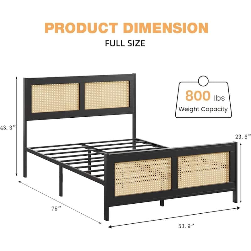Boho Rattan Platform Bed Frame with Headboard, Metal Slats Support, Noise-Free, No Box Spring Needed