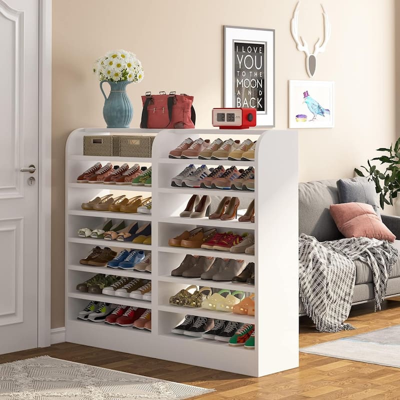 8-Tier Shoe Cabinet for Entryway, Modern White Shoe Shelf Shoes Rack Organizer, Wooden Shoe Storage Cabinet for Hallway Closet