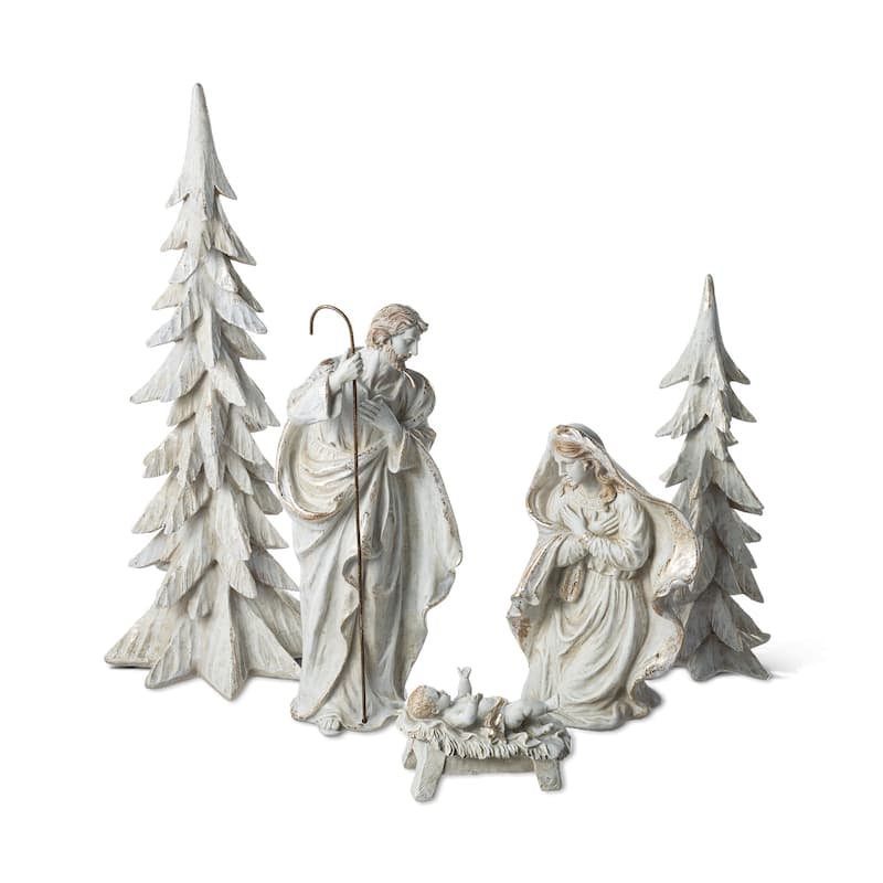 Glitzhome S/5 24.5"H/14"H White/Gold Resin Holy Family Nativity with Christmas Trees - White - 24.5"H