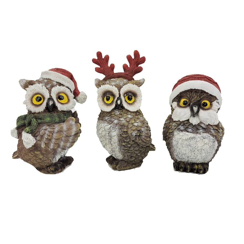 Owl Christmas Tabletop Figurines - 7.25" - Brown and White - Set of 3