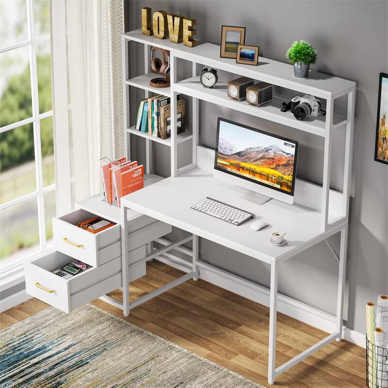 55" White Office Desk with Hutch
