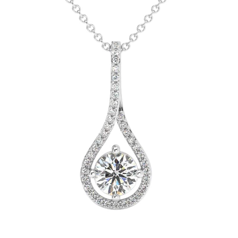 1 1/10Ct TW Diamond Halo Drop Pendant Gold Necklace Lab Grown 1" Tall