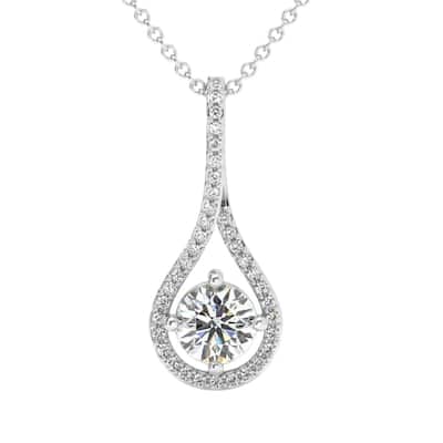 1 1/10Ct TW Diamond Halo Drop Pendant Gold Necklace Lab Grown 1" Tall
