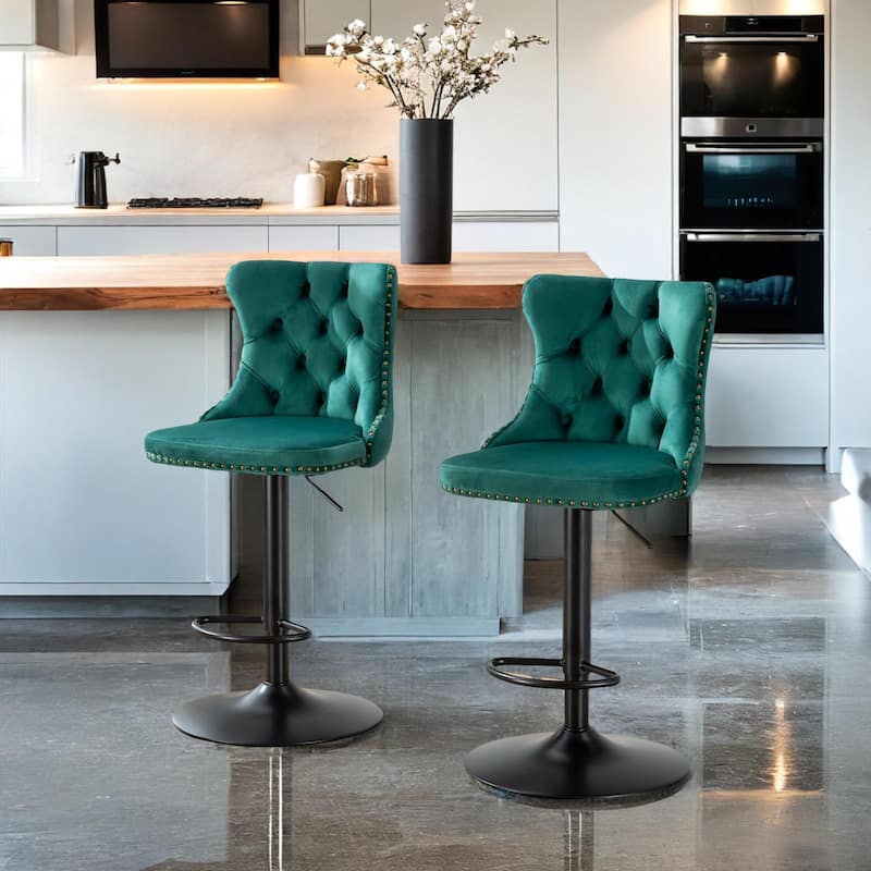 Swivel Velvet Barstools Adjusatble Seat Height from 25-33 Inch,17.7inch base,Upholstered Bar Stools with Tufted Backs - Green