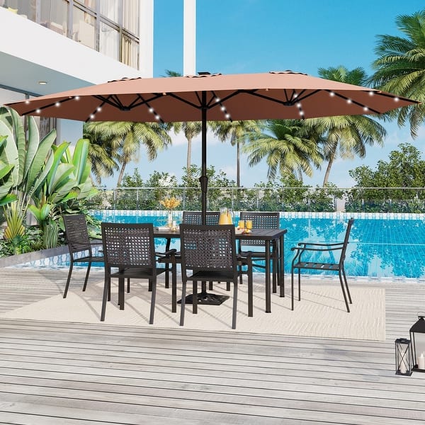 costcoclub patio umbrellas Costco has good quality umbrellas at an affordable price. Our backyard gets  full sun so we needed more shade for 100 degree summer days! Also, we got 2  umbrella stands there for $50 each. I looked