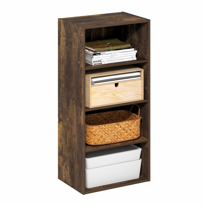 Furinno Basic 4-Tier Open Shelf Bookcase, Bookshelf, Storage Organizer, 11 x 17 x 35, Amber Pine - Amber Pine