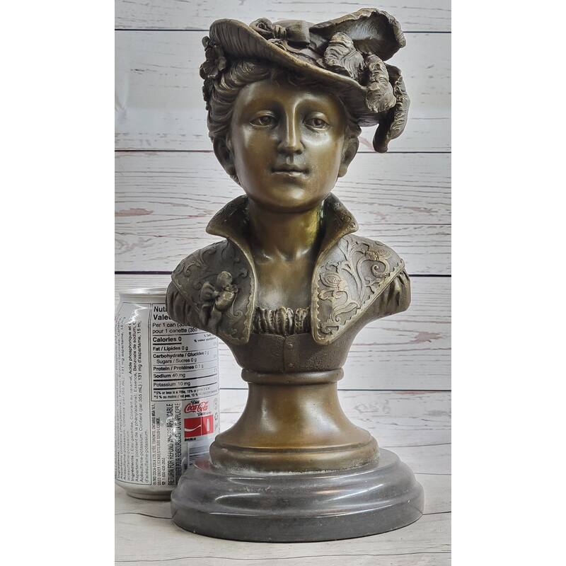 Victorian Era Woman In Feathered Hat Bronze Bust Statue Sculpture 11 Inches X 5 Inches