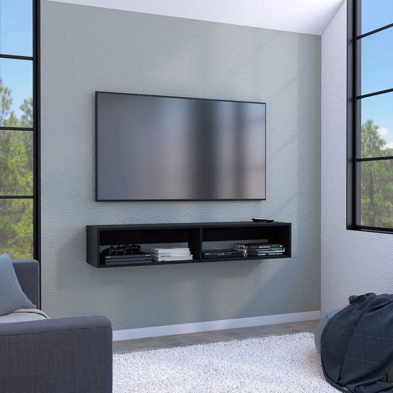Wall-Mounted 59" Floating TV Stand, Cable Management, 2 Media Compartments, Modern Floating Shelf for Living Room - Black
