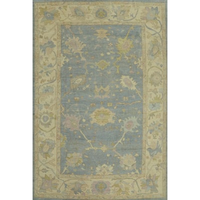 Vegetable Dye Blue Oushak Turkish Area Rug, Floral Geometric Carpet - 11' 10'' X 9' 0''