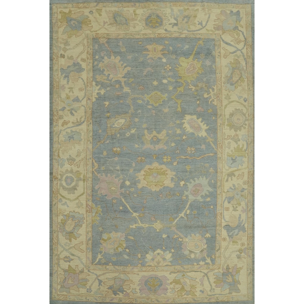 Vegetable Dye Blue Oushak Turkish Area Rug, Floral Geometric Carpet - 11' 10'' X 9' 0''