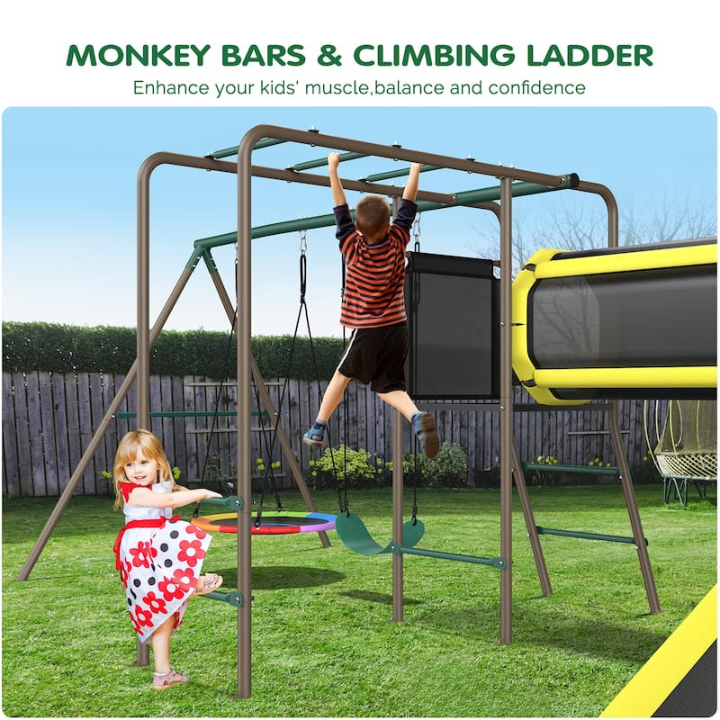 Hapfan 660lbs 5 in 1 Metal Swing Set with Slide Monkey Bars Crawl Tunnel and Trapeze Bar for Kids Outdoor Backyard Playset