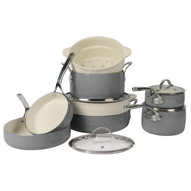 Bloomhouse 12 Piece Aluminum Enamel Cookware Set w/ Non-stick Non-toxic Ceramic Interior and Ceramic Steamer Insert - Grey