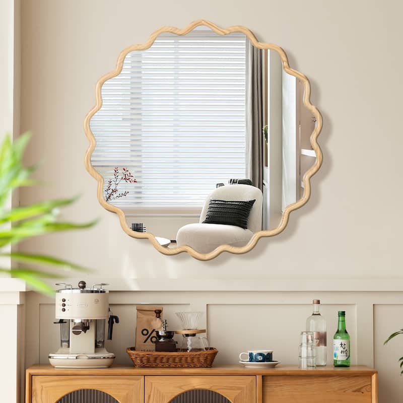 Mia Solid Wood Wavy Round Wall Mirror with HD Reflection and Artistic Frame Design by GDFStudio