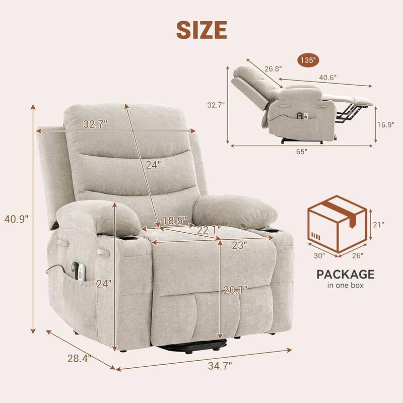 Power Lift Recliner Chair, with Massage & Heat, 135° Recline