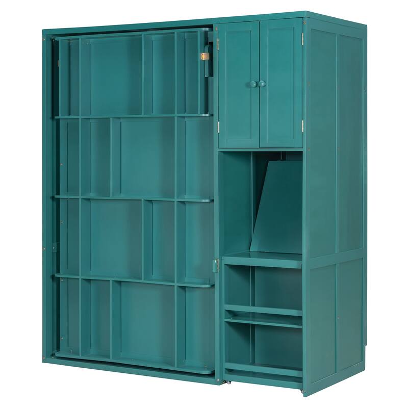Twin Size Rotating Murphy Wall Bed with Bookshelf, Top Cabinet, Modern Foldable Cabinet Bed with Extendable Desk, Side Storage