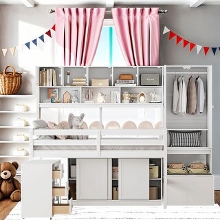 Full Size Wooden Loft Bed With Large Storage Space And Under Bed Desk With Drawers And Shelves