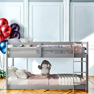 Twin Over Twin Floor Low Wood Bunk Beds With Ladder, Stylish Wood Loft Bed, Easy To Assemble